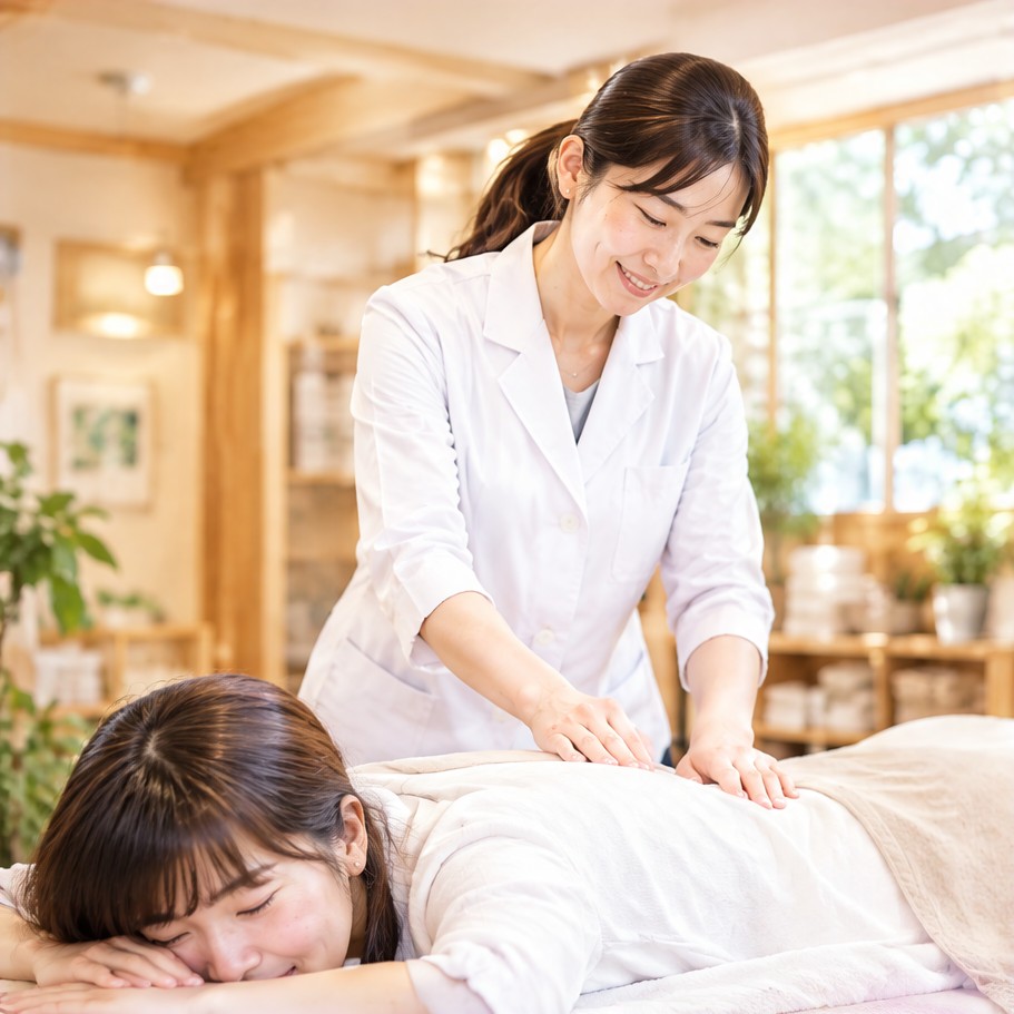施術者が女性の背中をやさしくほぐしている様子