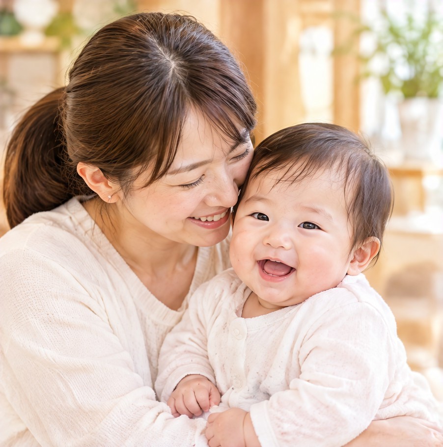 お母さんと赤ちゃんが笑顔で寄りそう様子