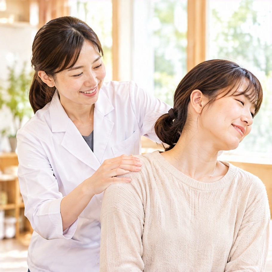 施術者が座った女性の肩をほぐしている様子